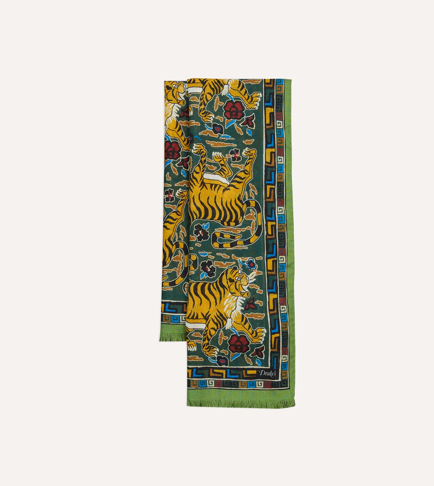 Green Tiger Print Wool-Silk Scarf