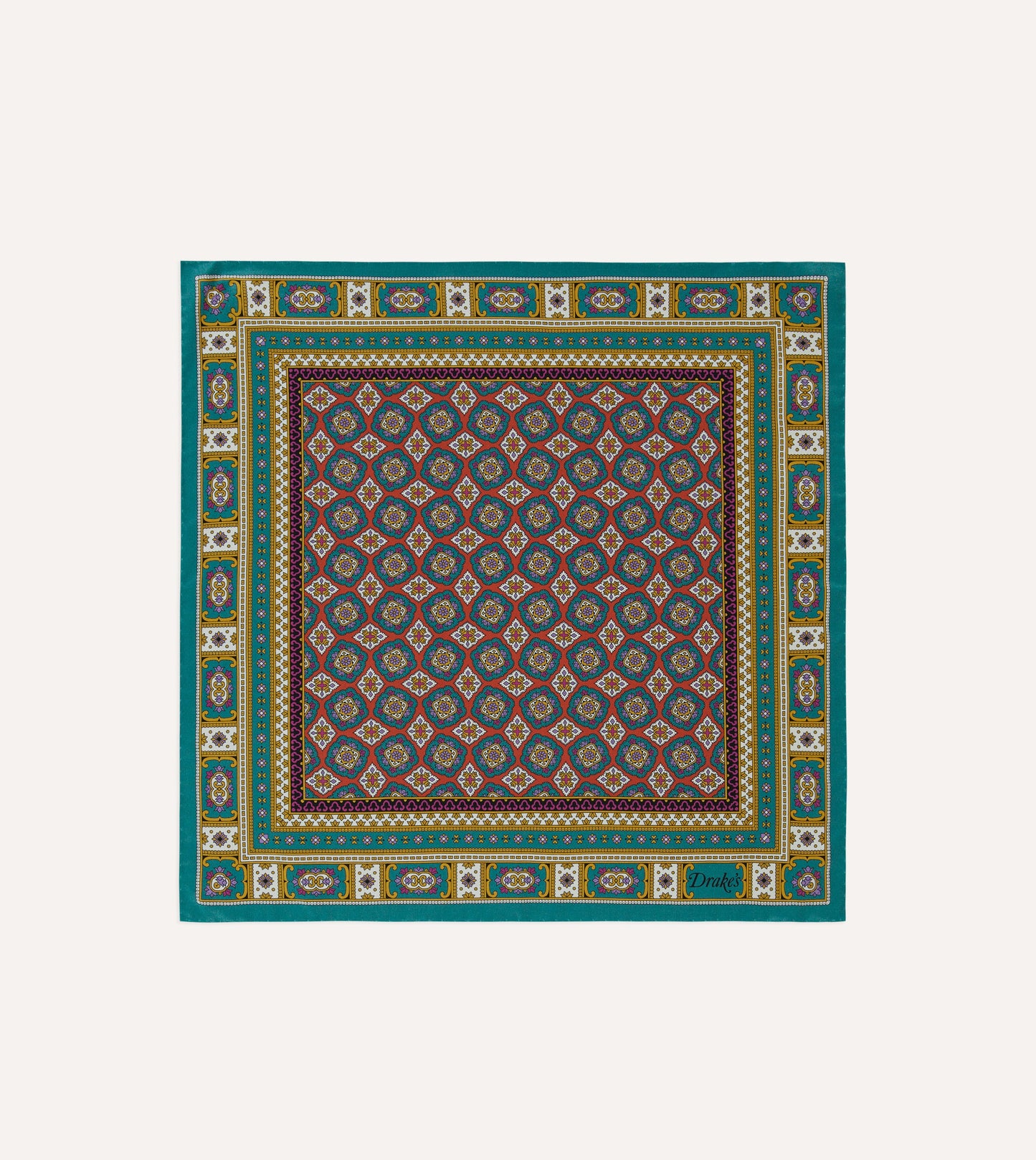 Green, Red and Gold Floral Medallion Print Silk Pocket Square