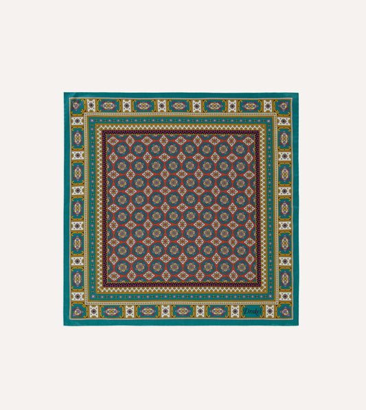Green, Red and Gold Floral Medallion Print Silk Pocket Square
